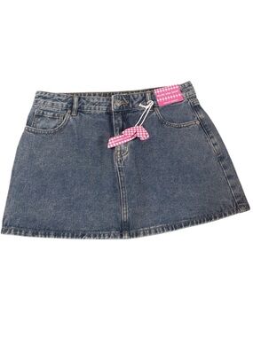 Denim Mini Skirt with Pink Bow Embroidery
